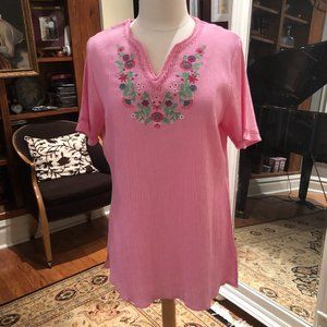 NWOT - Denim & Co. pink gauze short sleeve top with embroidery